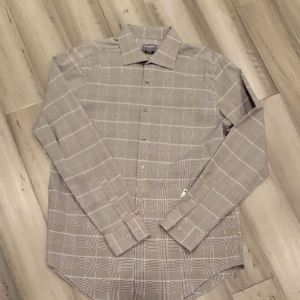 Van Heusen Gray Dress Shirt with Windowpane Pattern Slim Fit